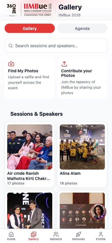 Gallery screen with Find My Photos, Contribute your Photos, and session albums