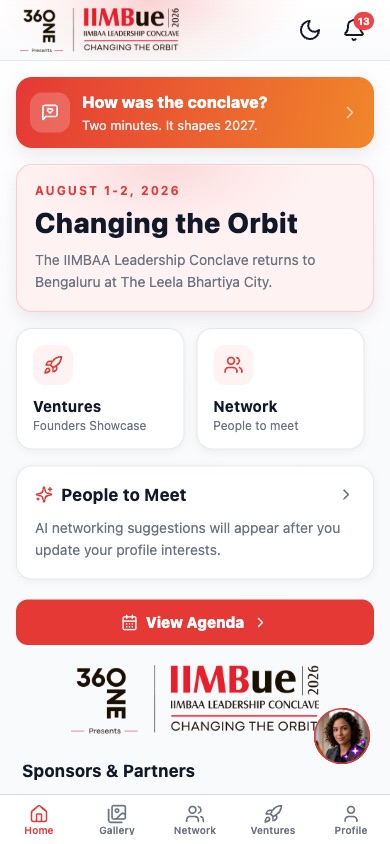 IIMBue home screen with event banner, shortcuts and sponsor logos