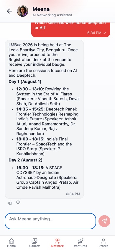 Meena, the AI assistant, listing AI and deeptech sessions with times and speakers